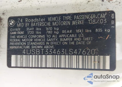 2003 BMW Z4 2.5I from USA, damaged, VIN 4USBT33463LS47620